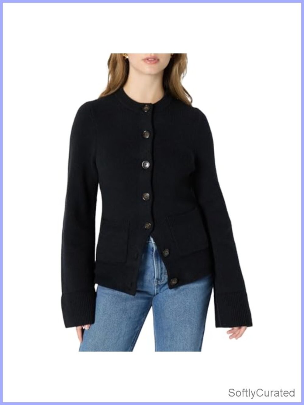 Women's Regular-Fit Long-Sleeve Cardigan Bell Sleeves Shaped Waist Cotton Blend